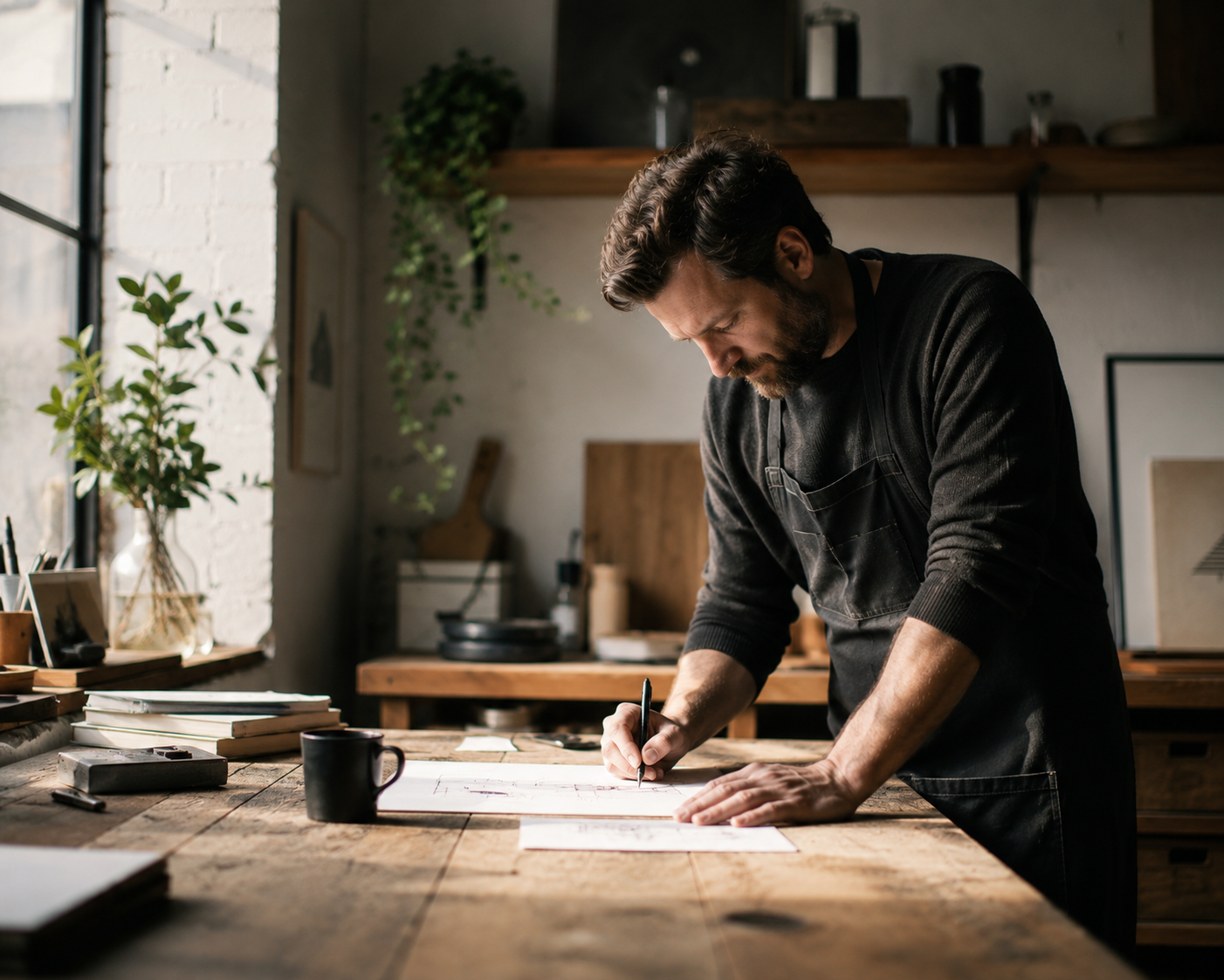 An independent business owner sketching plans at their workshop bench