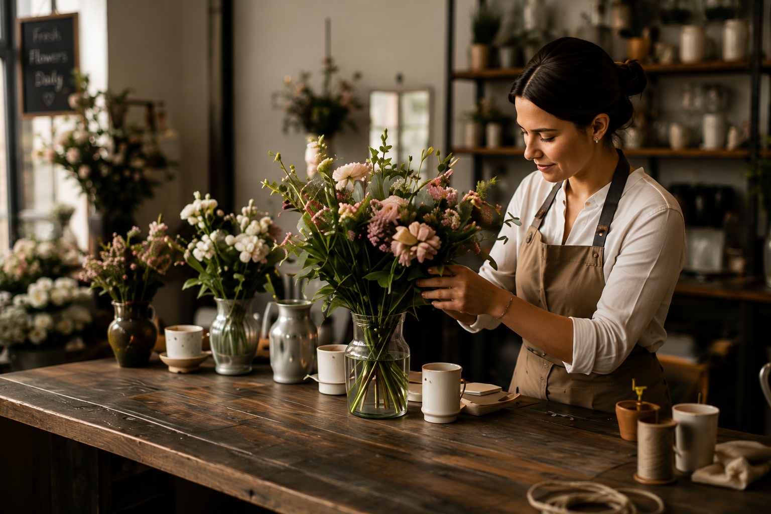 A florist arranging a bouquet of fresh flowers in her shop