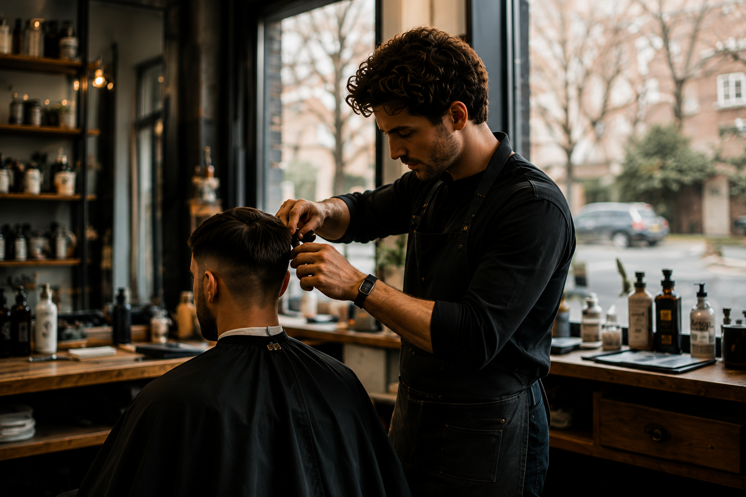 A barber giving a client a haircut in a barbershop