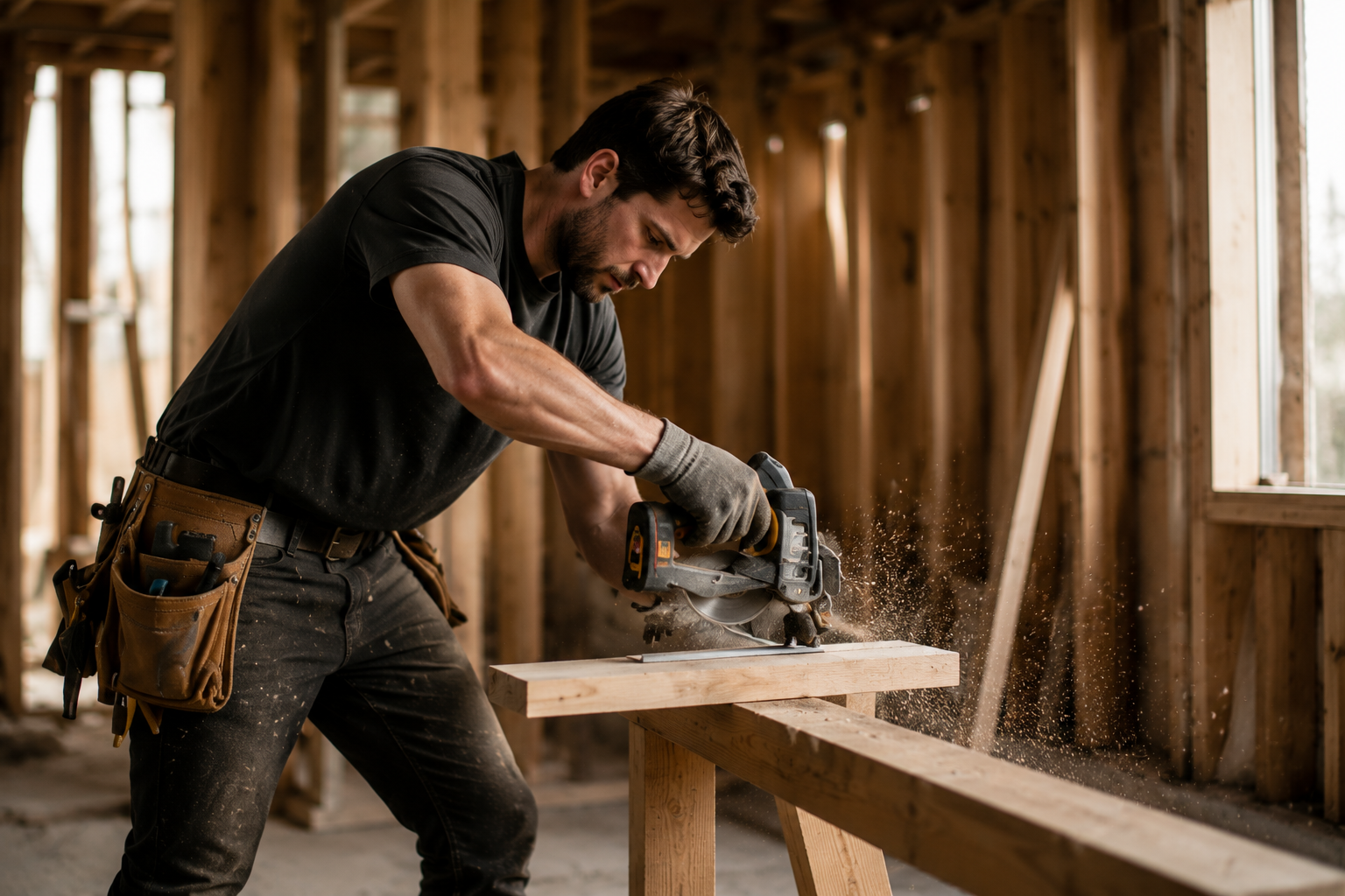 A carpenter cutting timber on a construction site